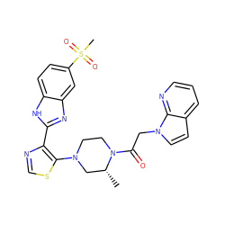 C[C@@H]1CN(c2scnc2-c2nc3cc(S(C)(=O)=O)ccc3[nH]2)CCN1C(=O)Cn1ccc2cccnc21 ZINC000143829130