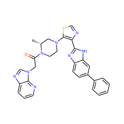 C[C@@H]1CN(c2scnc2-c2nc3ccc(-c4ccccc4)cc3[nH]2)CCN1C(=O)Cn1cnc2cccnc21 ZINC000205451437