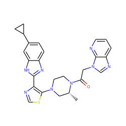 C[C@@H]1CN(c2scnc2-c2nc3ccc(C4CC4)cc3[nH]2)CCN1C(=O)Cn1cnc2cccnc21 ZINC000143816293