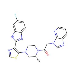 C[C@@H]1CN(c2scnc2-c2nc3ccc(F)cc3[nH]2)CCN1C(=O)Cn1cnc2cccnc21 ZINC000205443883