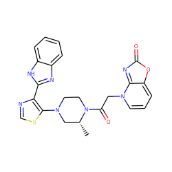 C[C@@H]1CN(c2scnc2-c2nc3ccccc3[nH]2)CCN1C(=O)Cn1cccc2oc(=O)nc1-2 ZINC000143734985