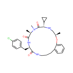 C[C@@H]1CN[C@@H](C2CC2)C(=O)N(C)[C@H](C)C(=O)N[C@H](Cc2ccc(Cl)cc2)C(=O)NCCCc2ccccc2O1 ZINC000073165019