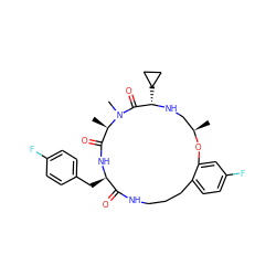 C[C@@H]1CN[C@@H](C2CC2)C(=O)N(C)[C@H](C)C(=O)N[C@H](Cc2ccc(F)cc2)C(=O)NCCCc2ccc(F)cc2O1 ZINC000073170179