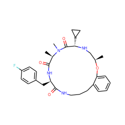 C[C@@H]1CN[C@@H](C2CC2)C(=O)N(C)[C@H](C)C(=O)N[C@H](Cc2ccc(F)cc2)C(=O)NCCCc2ccccc2O1 ZINC000043206251