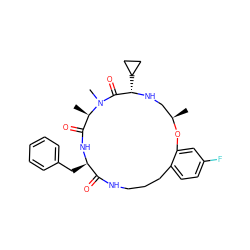 C[C@@H]1CN[C@@H](C2CC2)C(=O)N(C)[C@H](C)C(=O)N[C@H](Cc2ccccc2)C(=O)NCCCc2ccc(F)cc2O1 ZINC000149494155