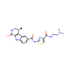 C[C@@H]1CNC(=O)c2[nH]c3ccc(C(=O)Nc4nc(C(=O)NCCN(C)C)cs4)cc3c21 ZINC000028902325