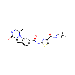 C[C@@H]1CNC(=O)c2cc3ccc(C(=O)Nc4nc(C(=O)NCC(C)(C)C)cs4)cc3n21 ZINC000029127921