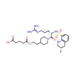 C[C@@H]1CNc2c(cccc2S(=O)(=O)N[C@@H](CCCN=C(N)N)C(=O)N2CCC(CCOC(=O)CCCC(=O)O)CC2)C1 ZINC000027523745