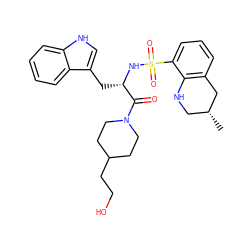 C[C@@H]1CNc2c(cccc2S(=O)(=O)N[C@@H](Cc2c[nH]c3ccccc23)C(=O)N2CCC(CCO)CC2)C1 ZINC000029328197