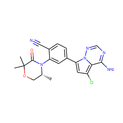 C[C@@H]1COC(C)(C)C(=O)N1c1cc(-c2cc(Cl)c3c(N)ncnn23)ccc1C#N ZINC001772584635