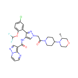 C[C@@H]1COCCN1C1CCN(C(=O)Cn2cc(NC(=O)c3cnn4cccnc34)c(-c3cc(Cl)ccc3OC(F)F)n2)CC1 ZINC001772628422