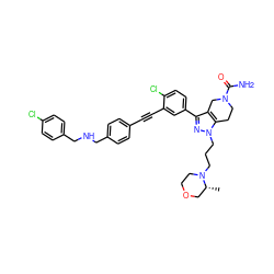 C[C@@H]1COCCN1CCCn1nc(-c2ccc(Cl)c(C#Cc3ccc(CNCc4ccc(Cl)cc4)cc3)c2)c2c1CCN(C(N)=O)C2 ZINC000095594900