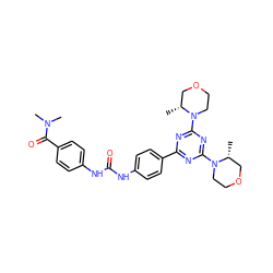 C[C@@H]1COCCN1c1nc(-c2ccc(NC(=O)Nc3ccc(C(=O)N(C)C)cc3)cc2)nc(N2CCOC[C@H]2C)n1 ZINC000049780590