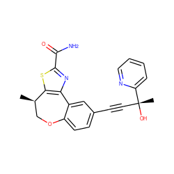 C[C@@H]1COc2ccc(C#C[C@@](C)(O)c3ccccn3)cc2-c2nc(C(N)=O)sc21 ZINC000215776296