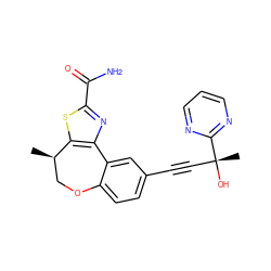 C[C@@H]1COc2ccc(C#C[C@@](C)(O)c3ncccn3)cc2-c2nc(C(N)=O)sc21 ZINC000219490789