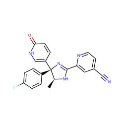 C[C@@H]1NC(c2cc(C#N)ccn2)=N[C@@]1(c1ccc(F)cc1)c1ccc(=O)[nH]c1 ZINC000040423437