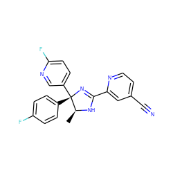 C[C@@H]1NC(c2cc(C#N)ccn2)=N[C@@]1(c1ccc(F)cc1)c1ccc(F)nc1 ZINC000003955056