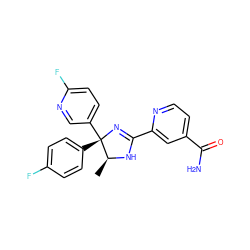 C[C@@H]1NC(c2cc(C(N)=O)ccn2)=N[C@@]1(c1ccc(F)cc1)c1ccc(F)nc1 ZINC000040952282