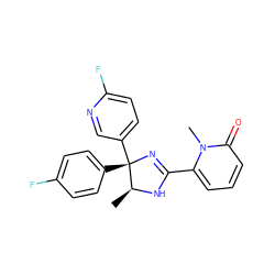 C[C@@H]1NC(c2cccc(=O)n2C)=N[C@@]1(c1ccc(F)cc1)c1ccc(F)nc1 ZINC000071294683