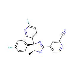 C[C@@H]1NC(c2ccnc(C#N)c2)=N[C@@]1(c1ccc(F)cc1)c1ccc(F)nc1 ZINC000045506322