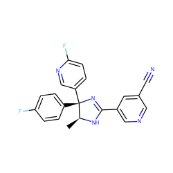 C[C@@H]1NC(c2cncc(C#N)c2)=N[C@@]1(c1ccc(F)cc1)c1ccc(F)nc1 ZINC000038445754