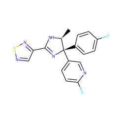 C[C@@H]1NC(c2cnsn2)=N[C@@]1(c1ccc(F)cc1)c1ccc(F)nc1 ZINC000034281696