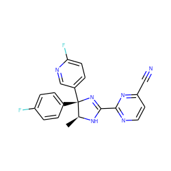 C[C@@H]1NC(c2nccc(C#N)n2)=N[C@@]1(c1ccc(F)cc1)c1ccc(F)nc1 ZINC000045498683