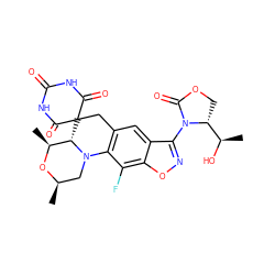 C[C@@H]1O[C@H](C)CN2c3c(cc4c(N5C(=O)OC[C@@H]5[C@@H](C)O)noc4c3F)CC3(C(=O)NC(=O)NC3=O)[C@@H]12 ZINC000145761871