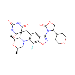 C[C@@H]1O[C@H](C)CN2c3c(cc4c(N5C(=O)OC[C@@H]5C5CCOCC5)noc4c3F)CC3(C(=O)NC(=O)NC3=O)[C@@H]12 ZINC000147990912