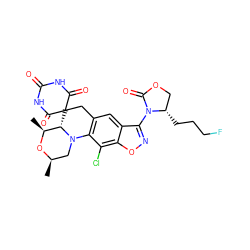 C[C@@H]1O[C@H](C)CN2c3c(cc4c(N5C(=O)OC[C@@H]5CCCF)noc4c3Cl)CC3(C(=O)NC(=O)NC3=O)[C@@H]12 ZINC000145784253