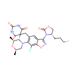 C[C@@H]1O[C@H](C)CN2c3c(cc4c(N5C(=O)OC[C@@H]5CCCF)noc4c3F)CC3(C(=O)NC(=O)NC3=O)[C@@H]12 ZINC000145841616