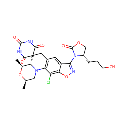 C[C@@H]1O[C@H](C)CN2c3c(cc4c(N5C(=O)OC[C@@H]5CCCO)noc4c3Cl)CC3(C(=O)NC(=O)NC3=O)[C@@H]12 ZINC000146297845