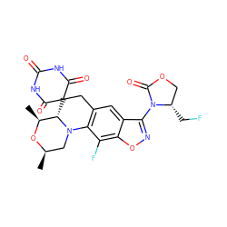 C[C@@H]1O[C@H](C)CN2c3c(cc4c(N5C(=O)OC[C@@H]5CF)noc4c3F)CC3(C(=O)NC(=O)NC3=O)[C@@H]12 ZINC000145843670