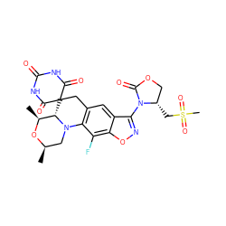 C[C@@H]1O[C@H](C)CN2c3c(cc4c(N5C(=O)OC[C@@H]5CS(C)(=O)=O)noc4c3F)CC3(C(=O)NC(=O)NC3=O)[C@@H]12 ZINC000145880168