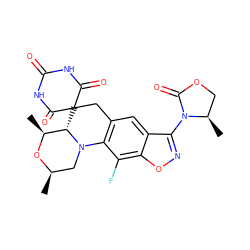 C[C@@H]1O[C@H](C)CN2c3c(cc4c(N5C(=O)OC[C@H]5C)noc4c3F)CC3(C(=O)NC(=O)NC3=O)[C@@H]12 ZINC000145864433