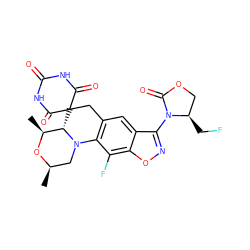 C[C@@H]1O[C@H](C)CN2c3c(cc4c(N5C(=O)OC[C@H]5CF)noc4c3F)CC3(C(=O)NC(=O)NC3=O)[C@@H]12 ZINC000145850627