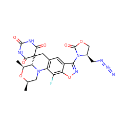 C[C@@H]1O[C@H](C)CN2c3c(cc4c(N5C(=O)OC[C@H]5CN=[N+]=[N-])noc4c3F)CC3(C(=O)NC(=O)NC3=O)[C@@H]12 ZINC000145792335