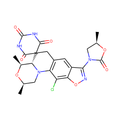 C[C@@H]1O[C@H](C)CN2c3c(cc4c(N5C[C@@H](C)OC5=O)noc4c3Cl)CC3(C(=O)NC(=O)NC3=O)[C@@H]12 ZINC000145745163