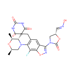 C[C@@H]1O[C@H](C)CN2c3c(cc4c(N5C[C@H](/C=N/O)OC5=O)noc4c3F)CC3(C(=O)NC(=O)NC3=O)[C@@H]12 ZINC000147992480