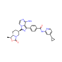 C[C@@H]1OC(=O)N2C[C@H](c3nc(-c4ccc(C(=O)Nc5cc(C6CC6)ccn5)cc4)c4c(N)nccn34)CC[C@@H]12 ZINC000145404985