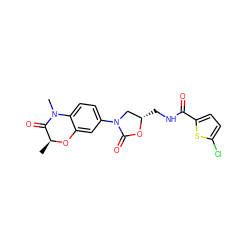 C[C@@H]1Oc2cc(N3C[C@H](CNC(=O)c4ccc(Cl)s4)OC3=O)ccc2N(C)C1=O ZINC000113086930