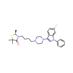 C[C@@H]1SC(C)(C)C(=O)N1CCCCN1CCN(c2cn(-c3ccccc3)c3cc(F)ccc23)CC1 ZINC000013759419