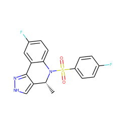 C[C@@H]1c2c[nH]nc2-c2cc(F)ccc2N1S(=O)(=O)c1ccc(F)cc1 ZINC000096906441