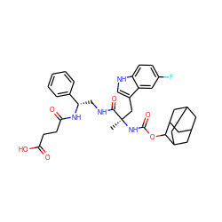 C[C@](Cc1c[nH]c2ccc(F)cc12)(NC(=O)OC1C2CC3CC(C2)CC1C3)C(=O)NC[C@H](NC(=O)CCC(=O)O)c1ccccc1 ZINC000026163539