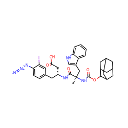 C[C@](Cc1c[nH]c2ccccc12)(NC(=O)OC1C2CC3CC(C2)CC1C3)C(=O)N[C@@H](CC(=O)O)Cc1ccc(N=[N+]=[N-])c(I)c1 ZINC000026502429