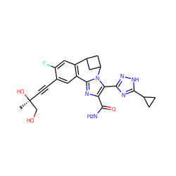 C[C@](O)(C#Cc1cc2c(cc1F)C1CC(C1)n1c-2nc(C(N)=O)c1-c1n[nH]c(C2CC2)n1)CO ZINC000219423286