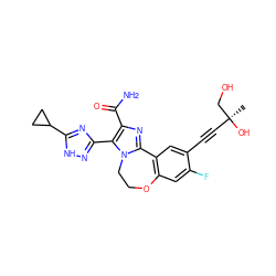 C[C@](O)(C#Cc1cc2c(cc1F)OCCn1c-2nc(C(N)=O)c1-c1n[nH]c(C2CC2)n1)CO ZINC000215767771