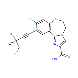 C[C@](O)(C#Cc1cc2c(cc1F)OCCn1cc(C(N)=O)nc1-2)CF ZINC000215747996