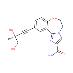 C[C@](O)(C#Cc1ccc2c(c1)-c1nc(C(N)=O)cn1CCO2)CO ZINC000205787674