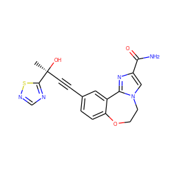 C[C@](O)(C#Cc1ccc2c(c1)-c1nc(C(N)=O)cn1CCO2)c1ncns1 ZINC000220010832